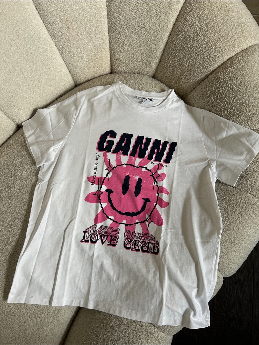 Ganni White Tee with Pink Smiley Sun Graphic